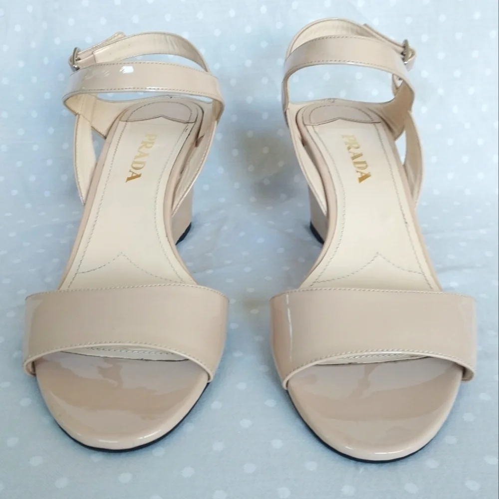 Prada Nude Patent Leather Ankle Slingback Wedge Sandals - Picture 3 of 12